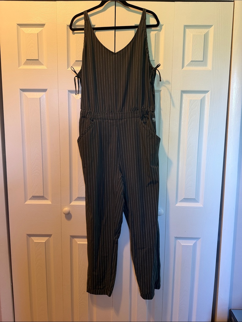 Striped V-Neck Jumpsuit in Dark Gray
